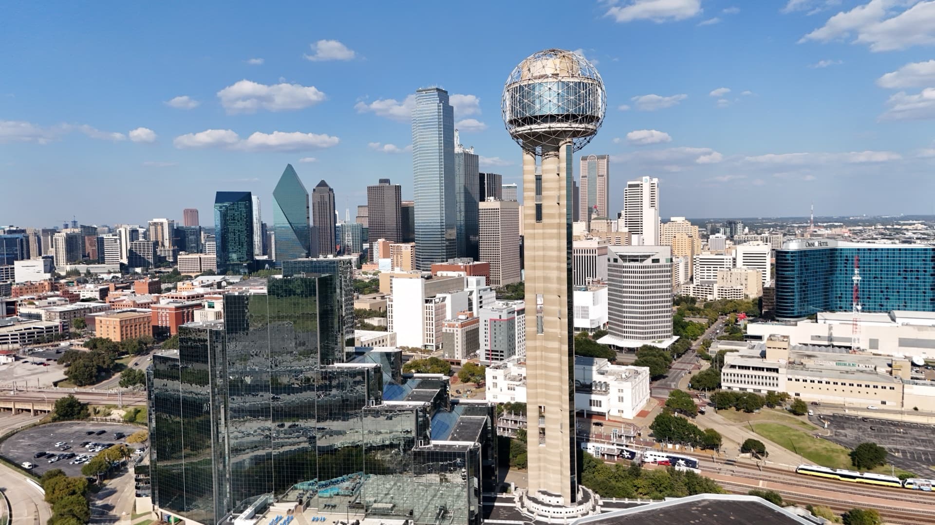 Aerial drone photo of Dallas Reunion Tower and downtown skyline
