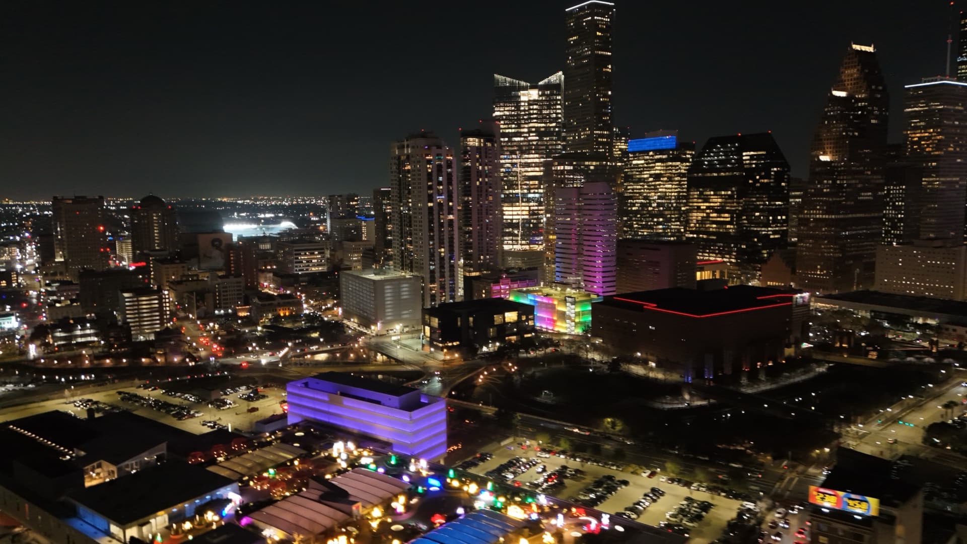 Aerial drone photo of Dallas downtown skyline at night
