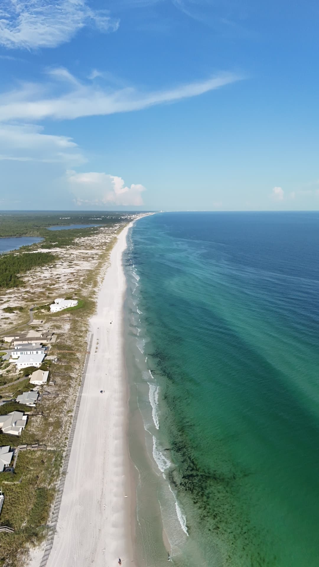 Vertical aerial of Destin Florida beach with emerald green Gulf water, white sand, and scattered beachgoers along shoreline